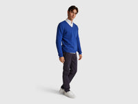 Camisola decote em V azul bluette em pura lã Merino - ucb_image_FY