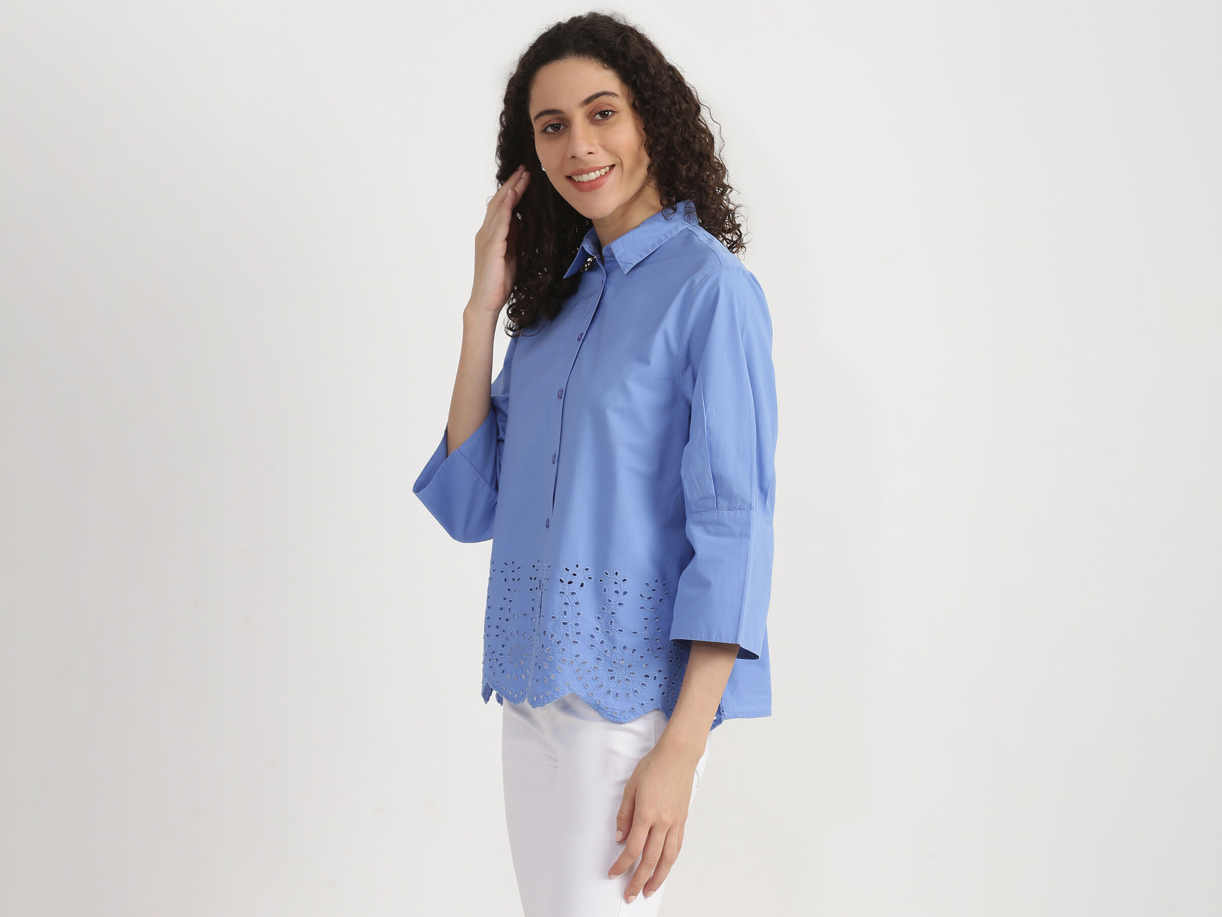 Long Sleeve Button Down Shirt With Scallop Emb. image number 1