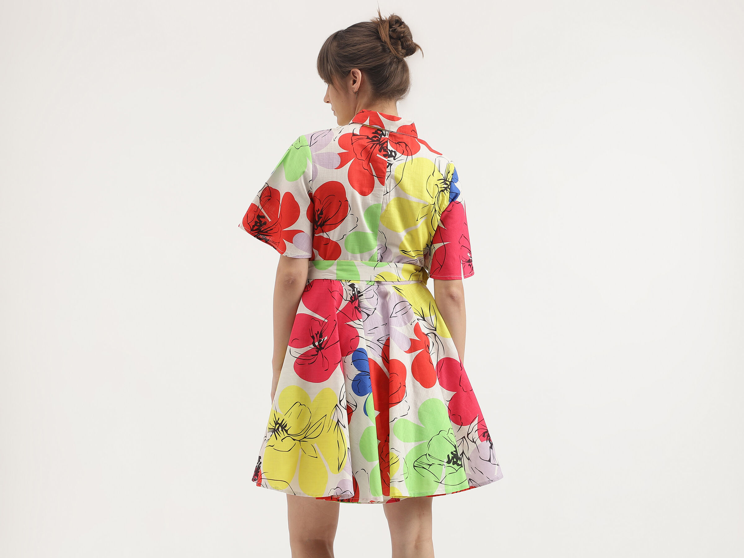 S/S PRINTED SHORT FLARE DRESS WITH BELT image number 2