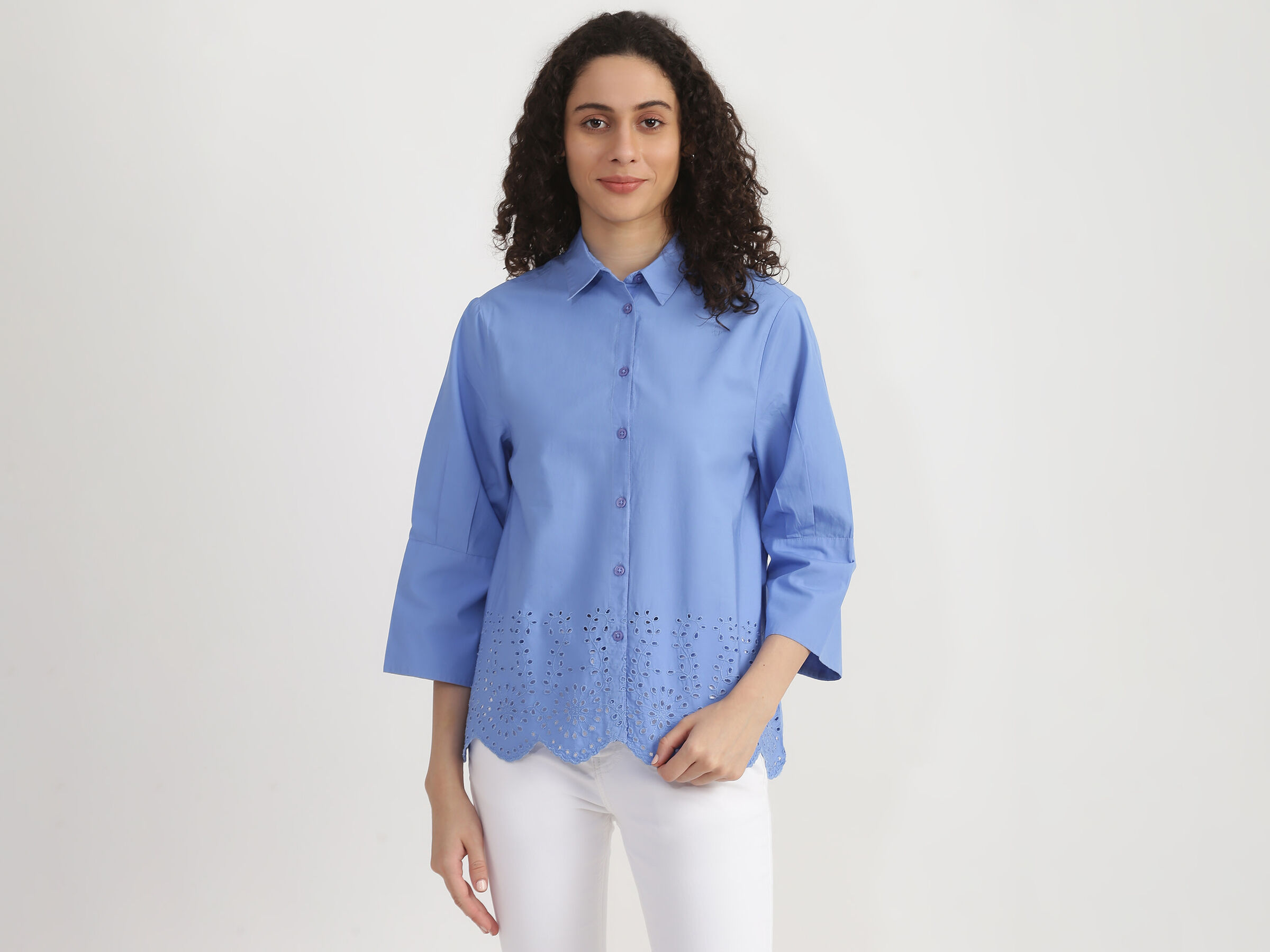 Long Sleeve Button Down Shirt With Scallop Emb. image number 0