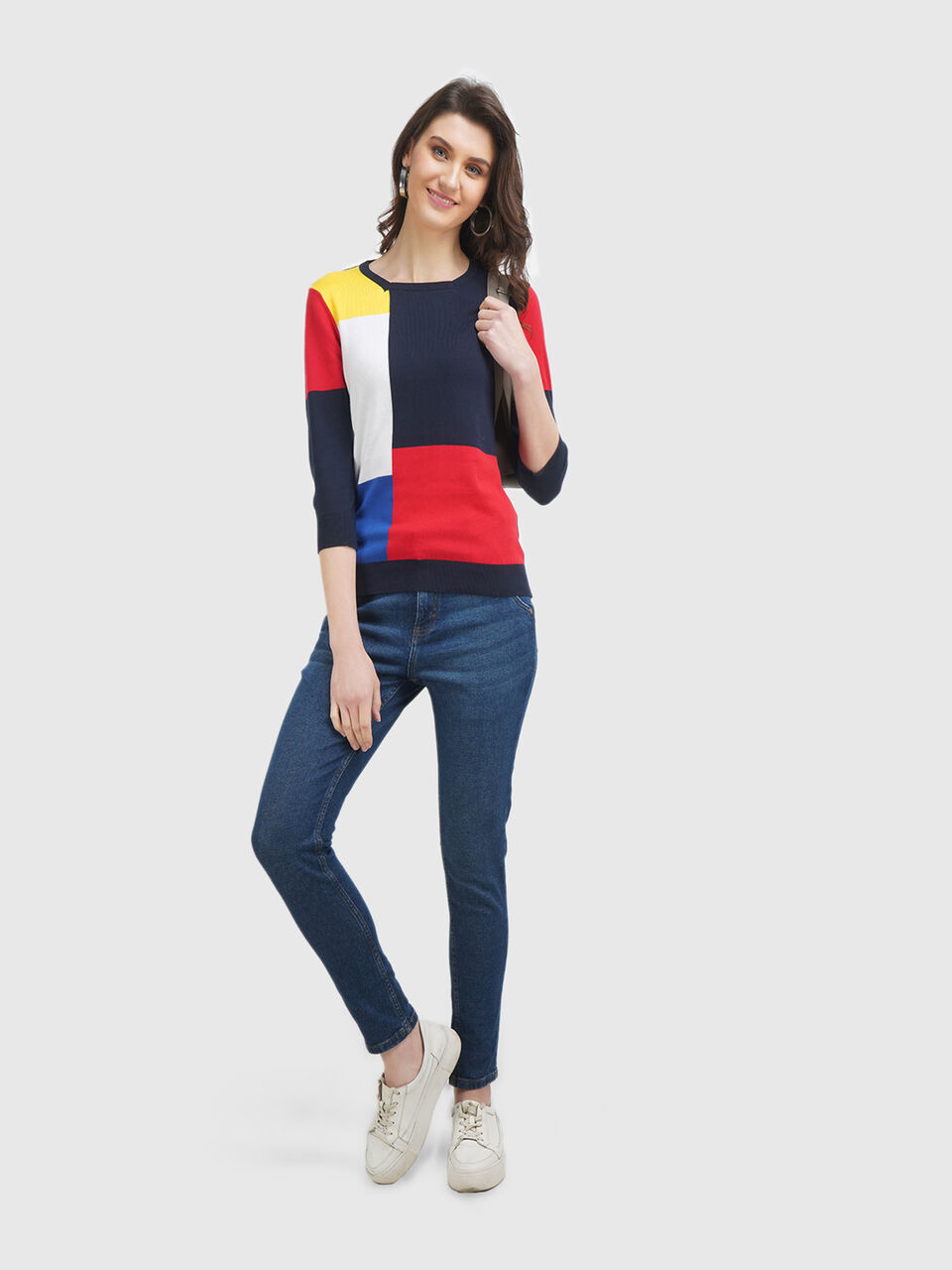 3/4th Half Sleeve Square Neck Color Block Tricot image number null