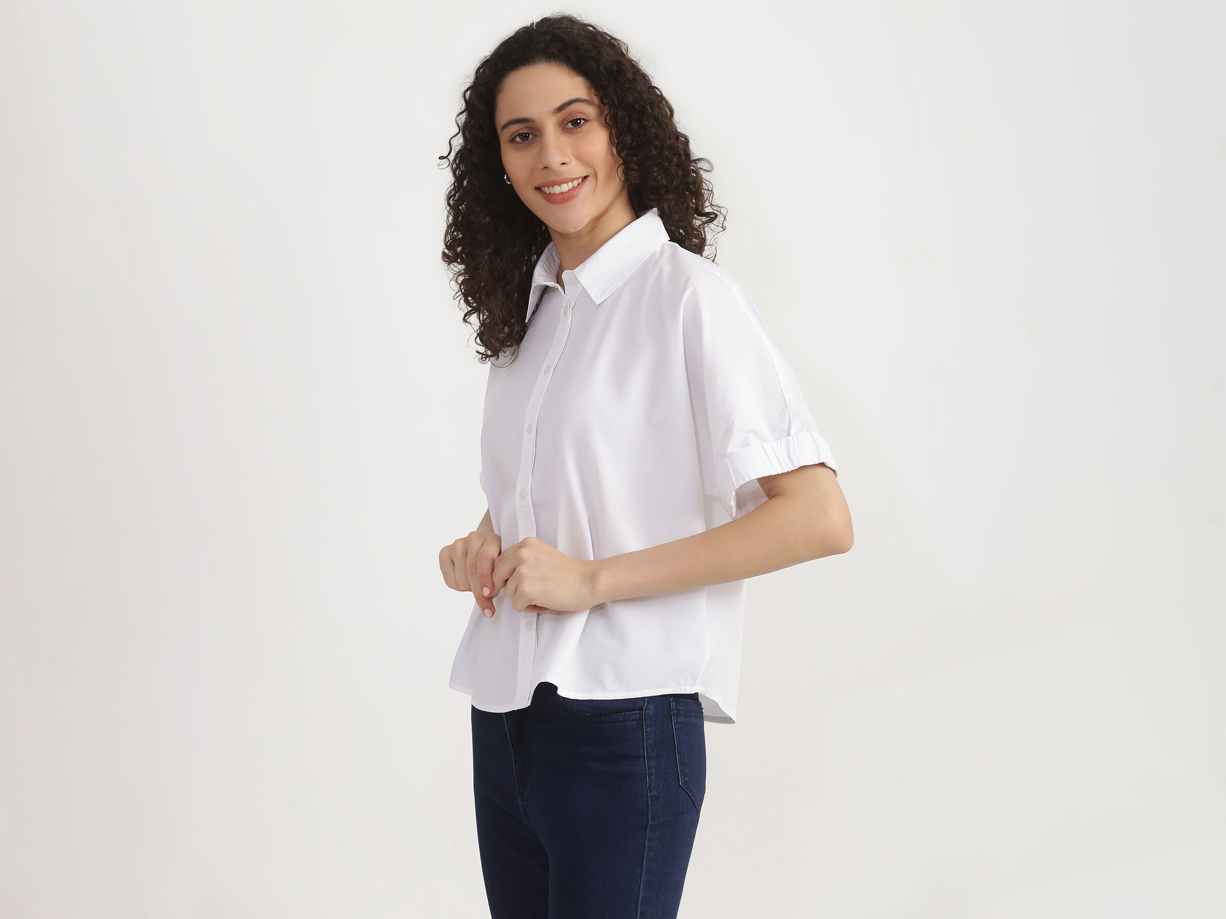 Short Sleeve Blouson Sleeve Button Down Shirt Top image number 1