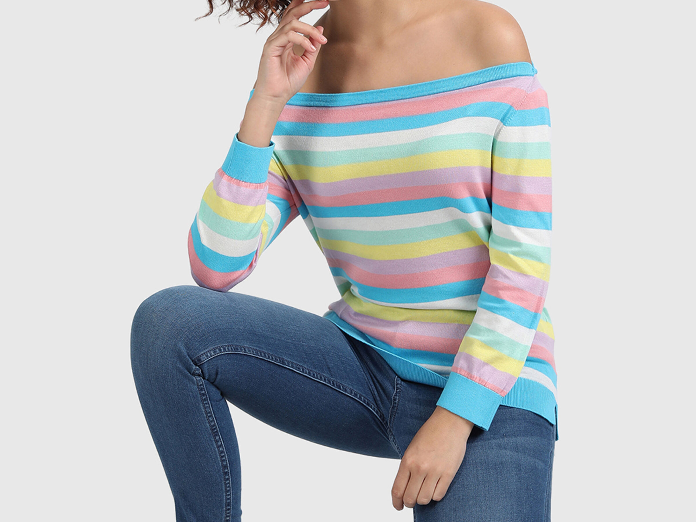 Cotton Boat Neck Striped Sweater image number 2