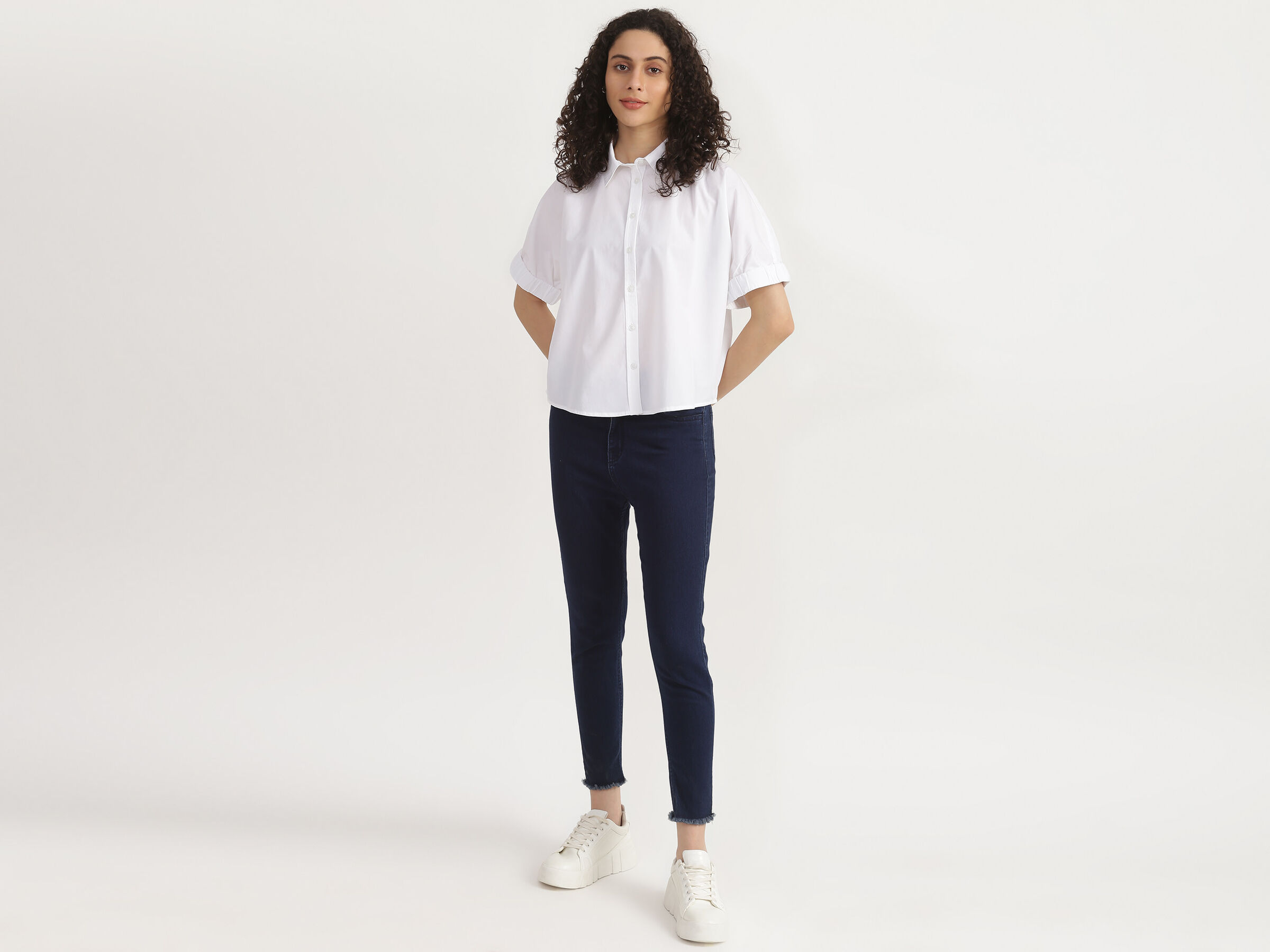 Short Sleeve Blouson Sleeve Button Down Shirt Top image number 3