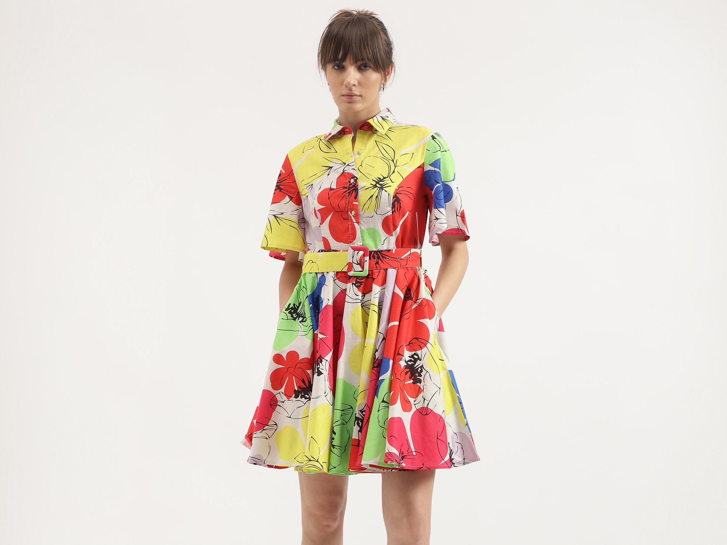 S/S PRINTED SHORT FLARE DRESS WITH BELT image number 0
