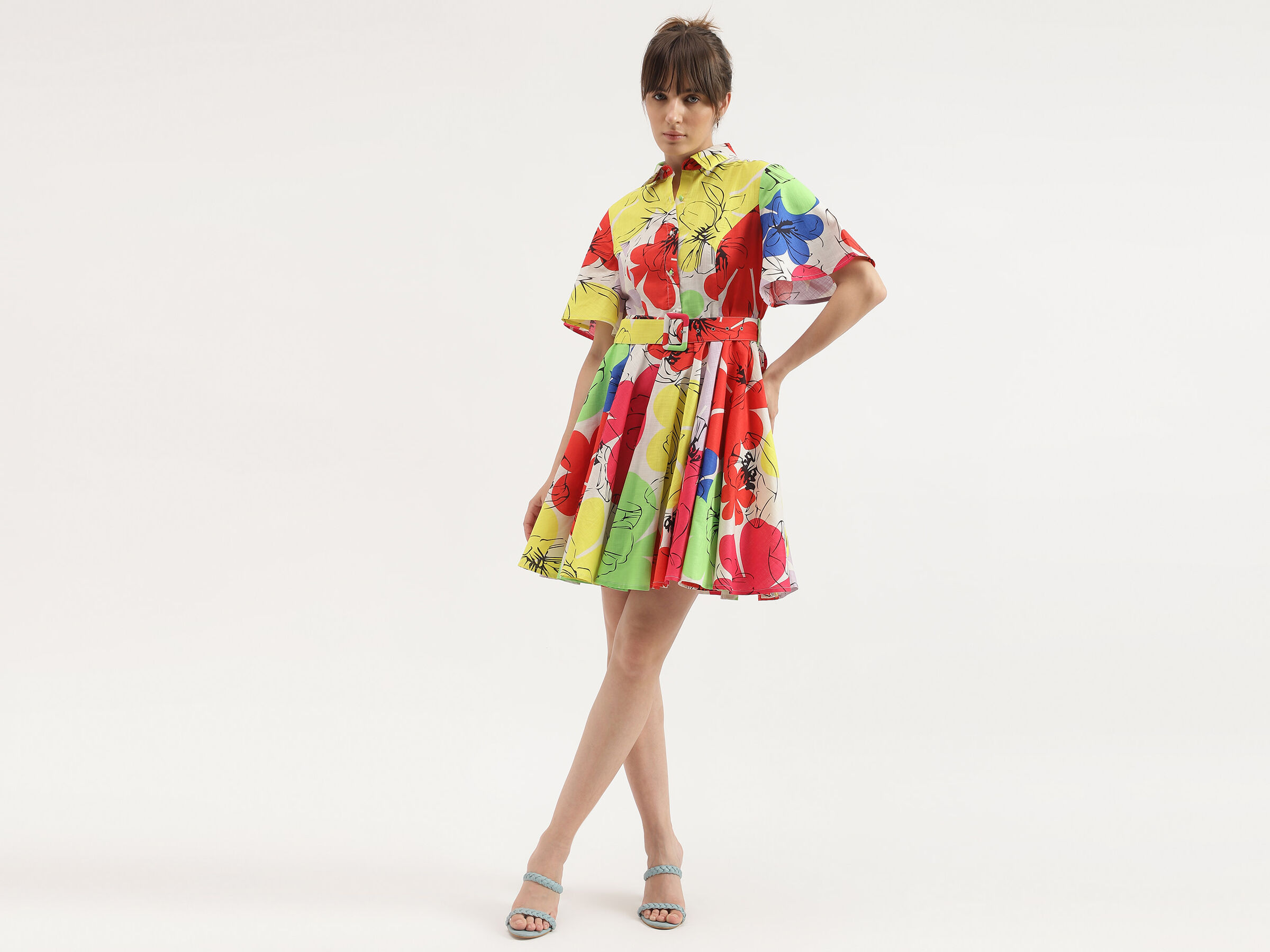 S/S PRINTED SHORT FLARE DRESS WITH BELT image number 3