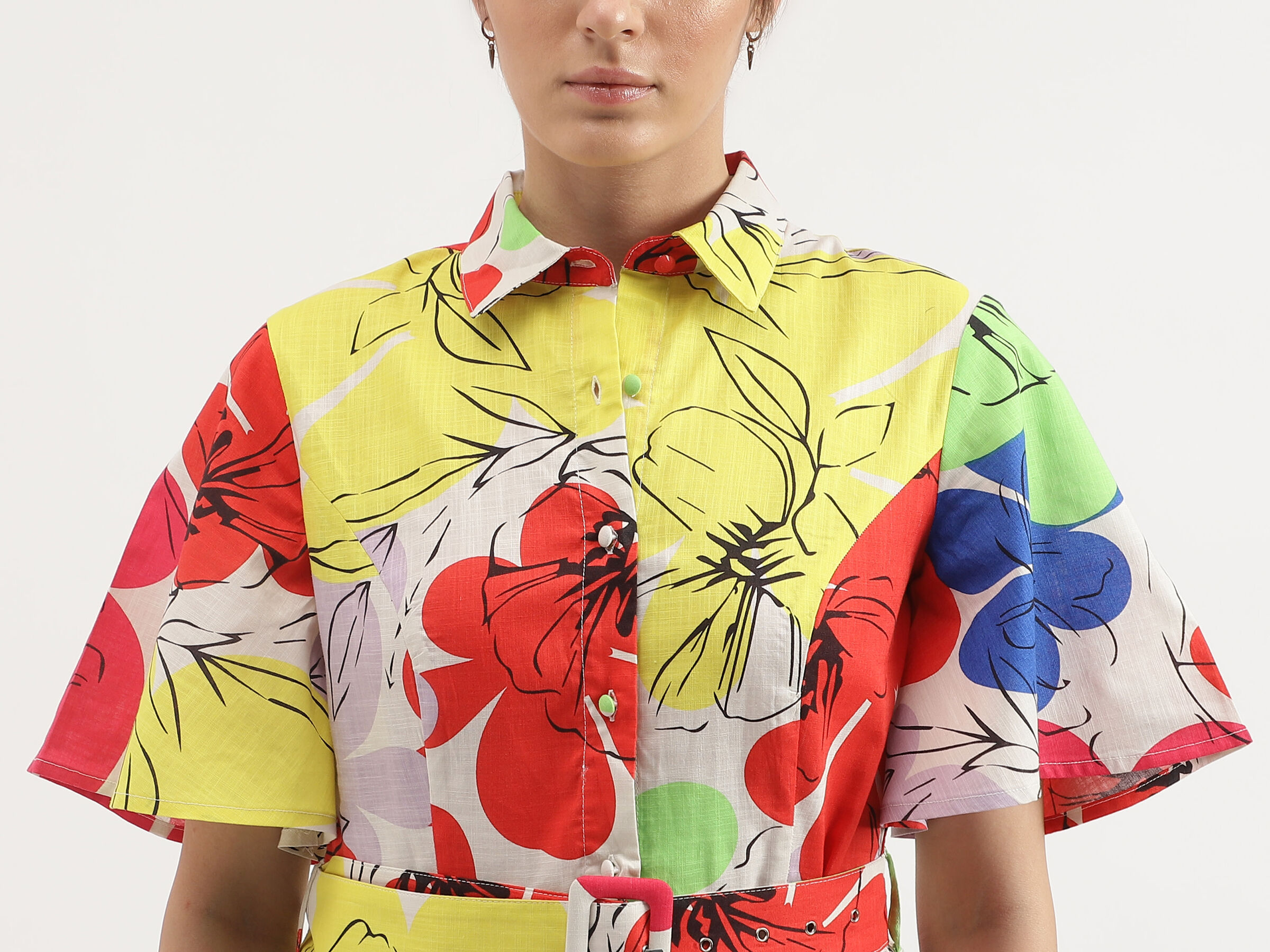 S/S PRINTED SHORT FLARE DRESS WITH BELT image number 4