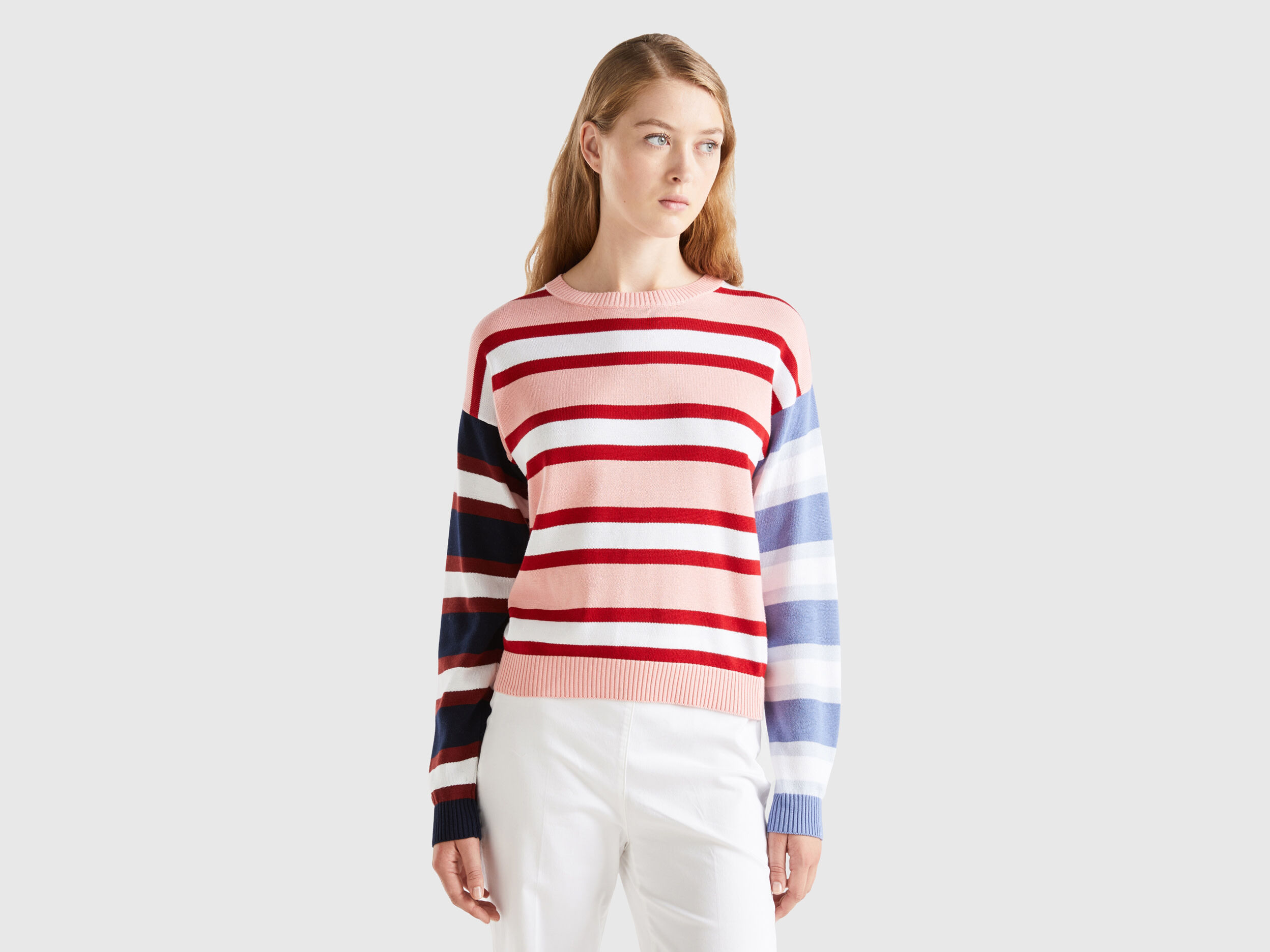 Striped sweater in pure cotton Pink Benetton