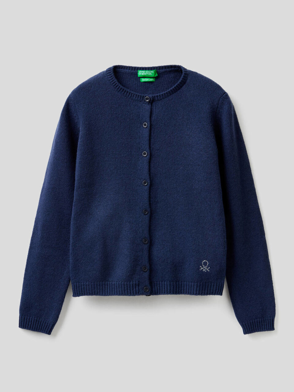 Crew neck cardigan with rhinestone logo image number 1