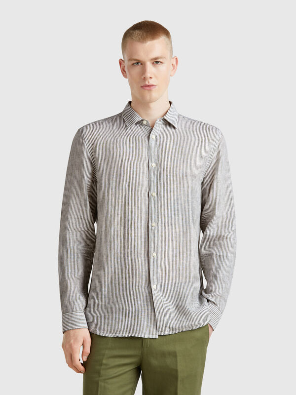 Green and white striped shirt in pure linen Men