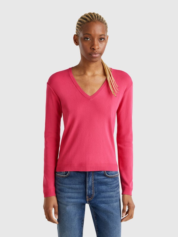 Pure cotton sweater with V-neck Women