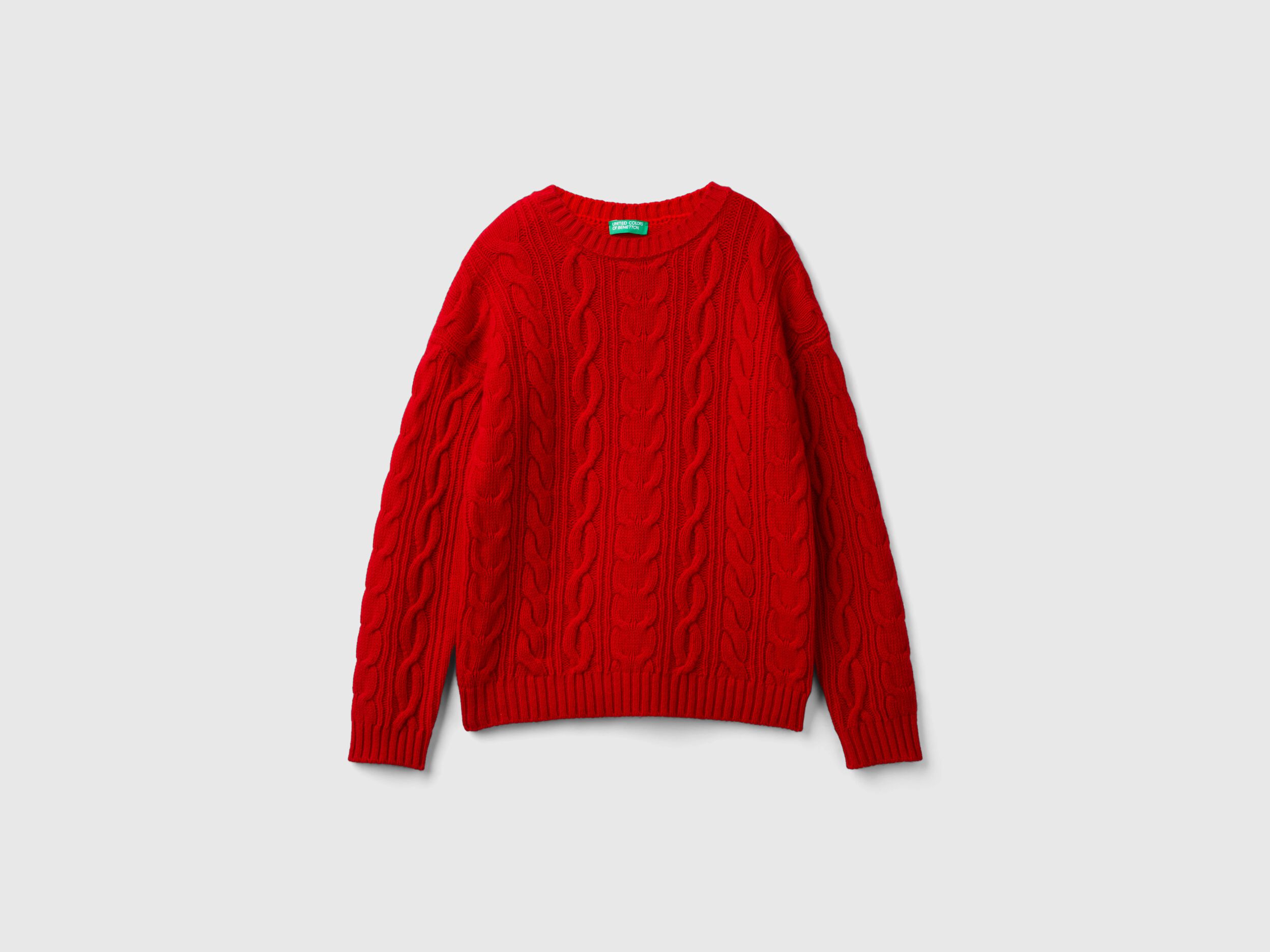 Cable knit sweater in wool blend Red Benetton
