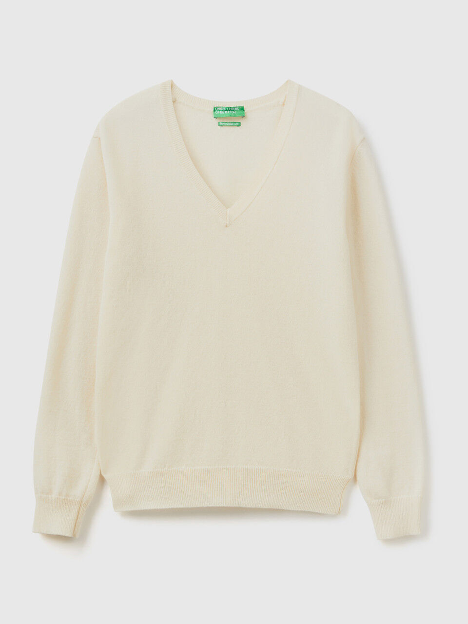Cream V neck sweater in pure Merino wool Creamy White Benetton
