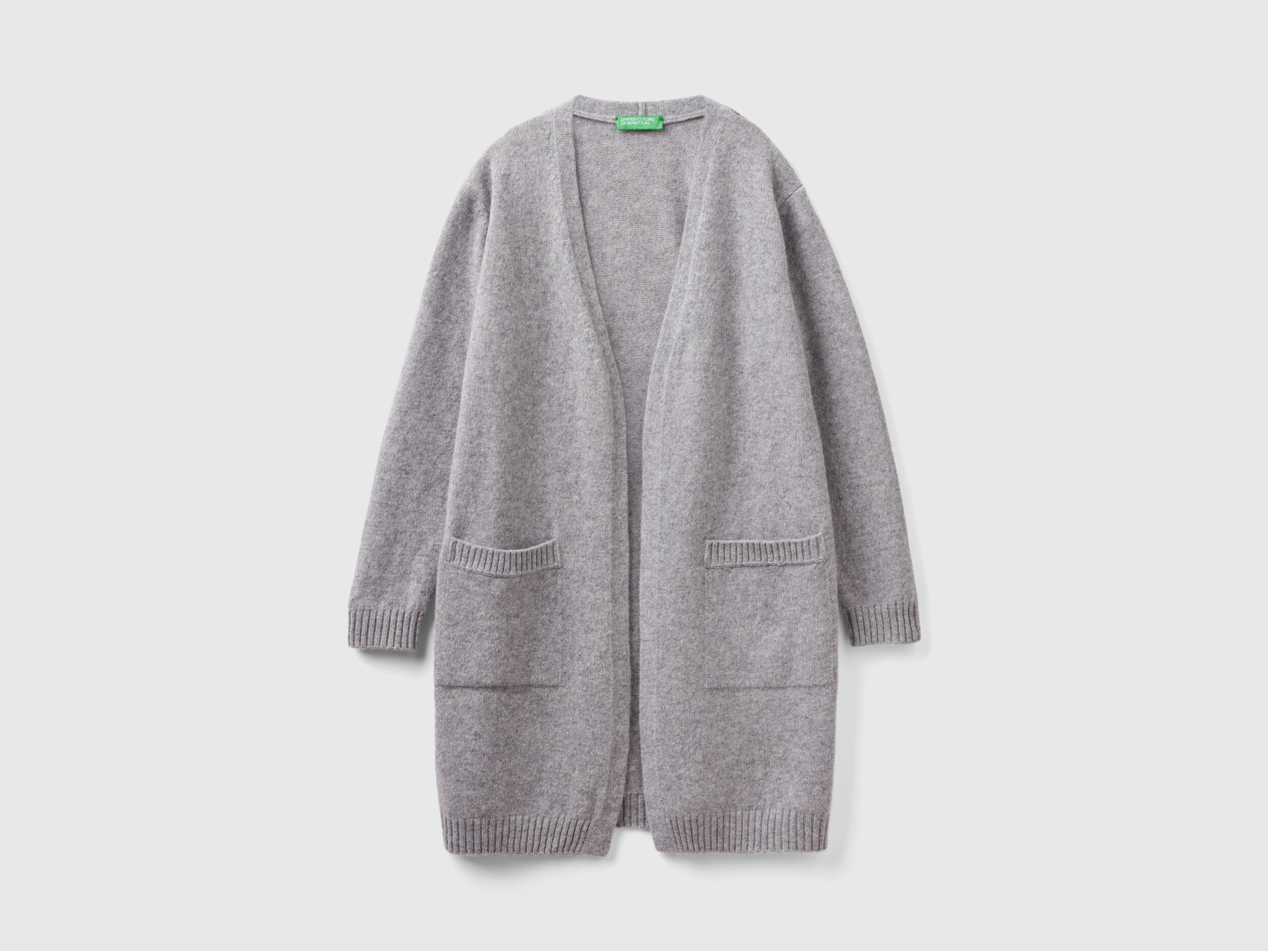 Long cardigan in pure Shetland wool Light Gray Benetton