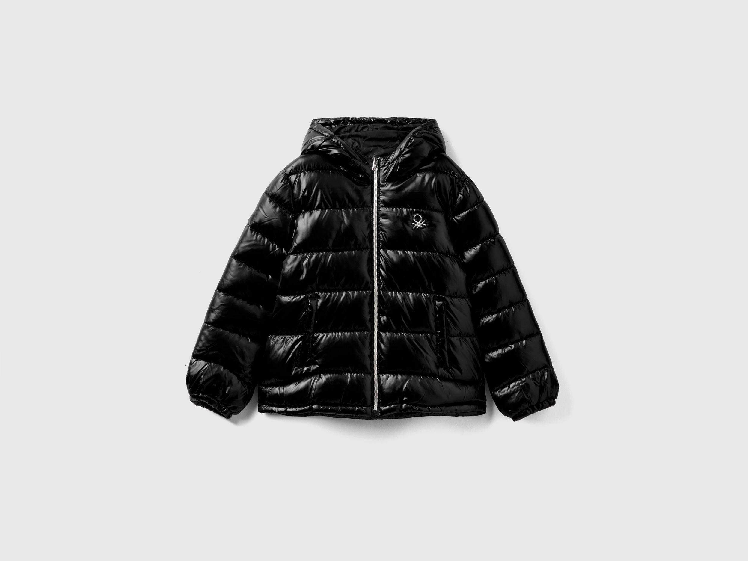 Black shiny puffer jacket with hood store