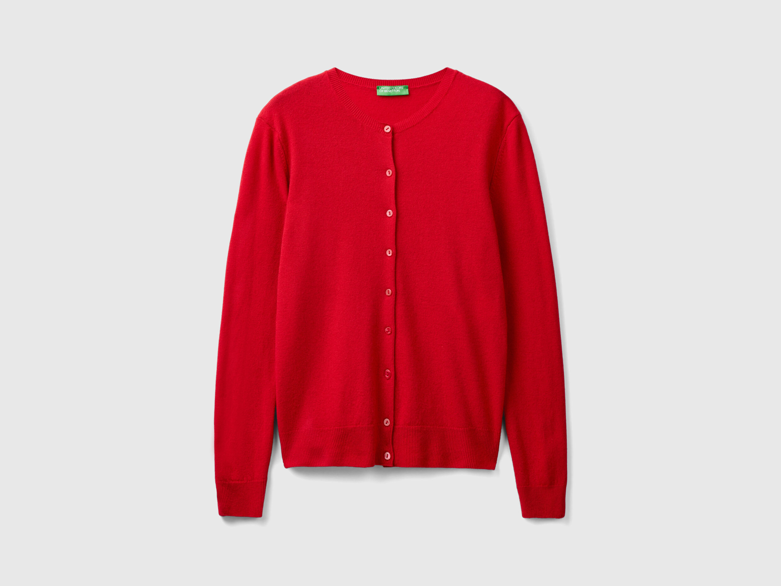 Red plum crew neck cardigan in pure Merino wool Red Benetton