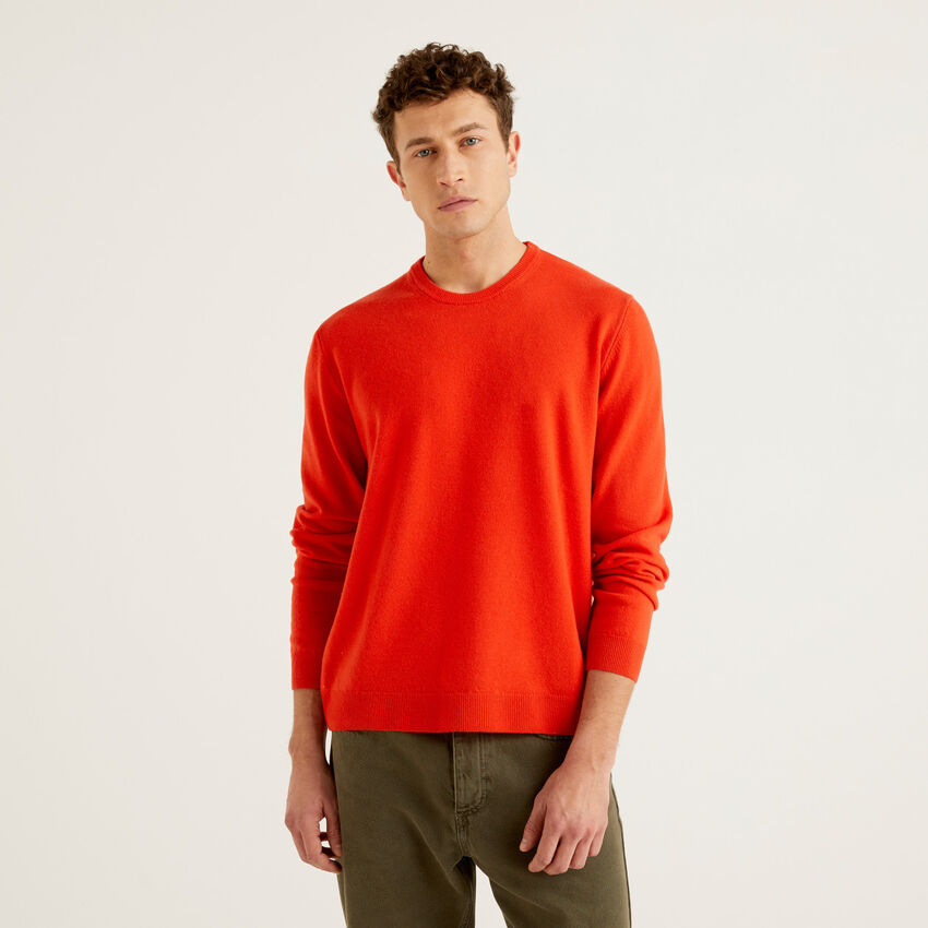 Orange crew neck sweater in pure Merino wool