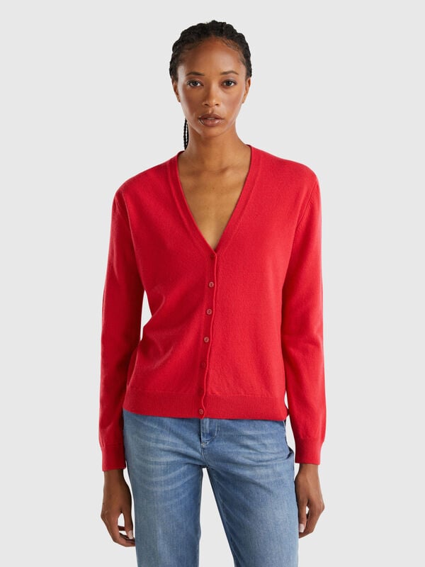 Red plum crew neck cardigan in pure Merino wool Women