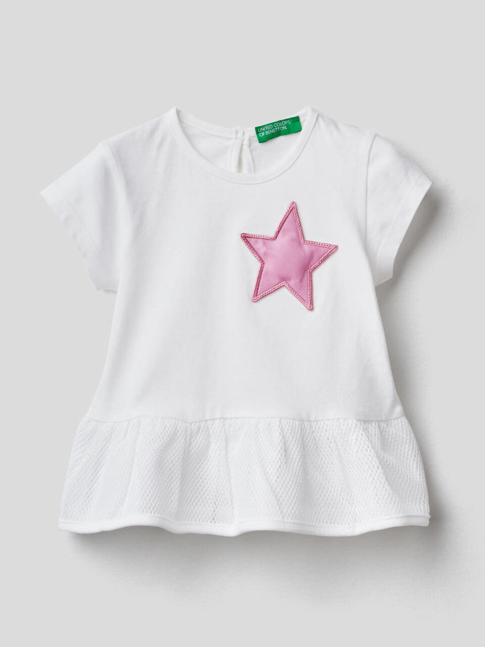 T-shirt with frill and sound-effect patch image number 1