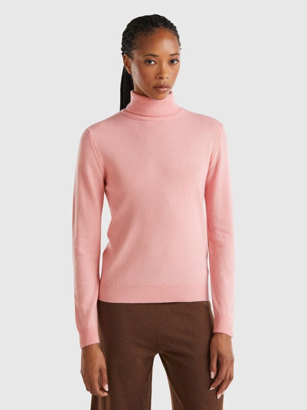 Pink turtleneck sweater in pure Merino wool Women