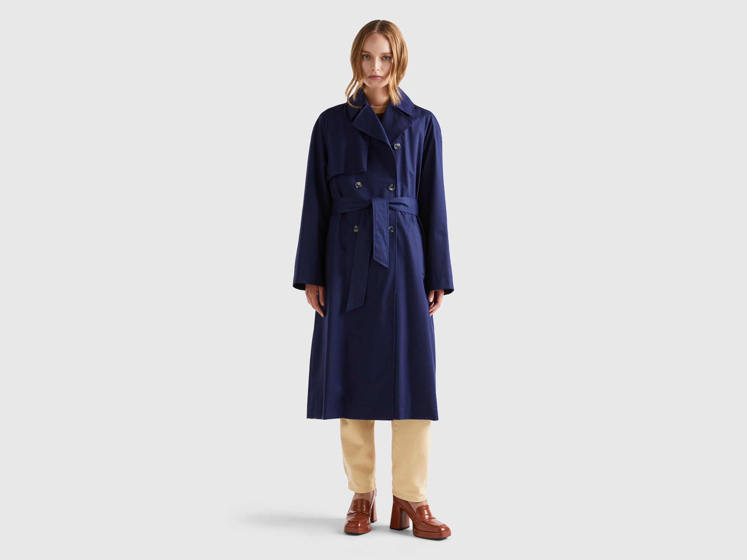Double breasted midi trench coat Dark Blue Benetton