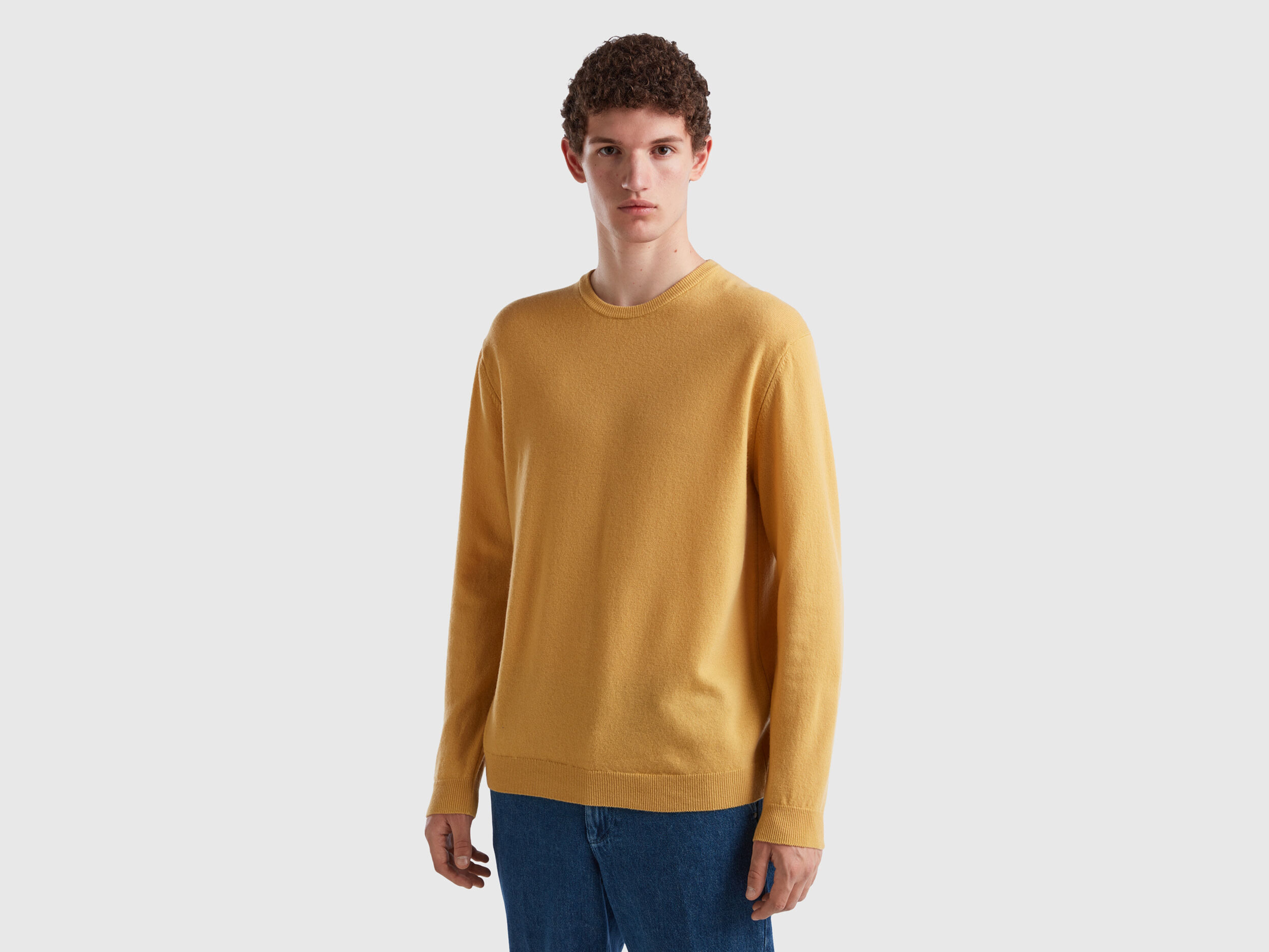 Ocher yellow crew neck sweater in pure Merino wool Mustard