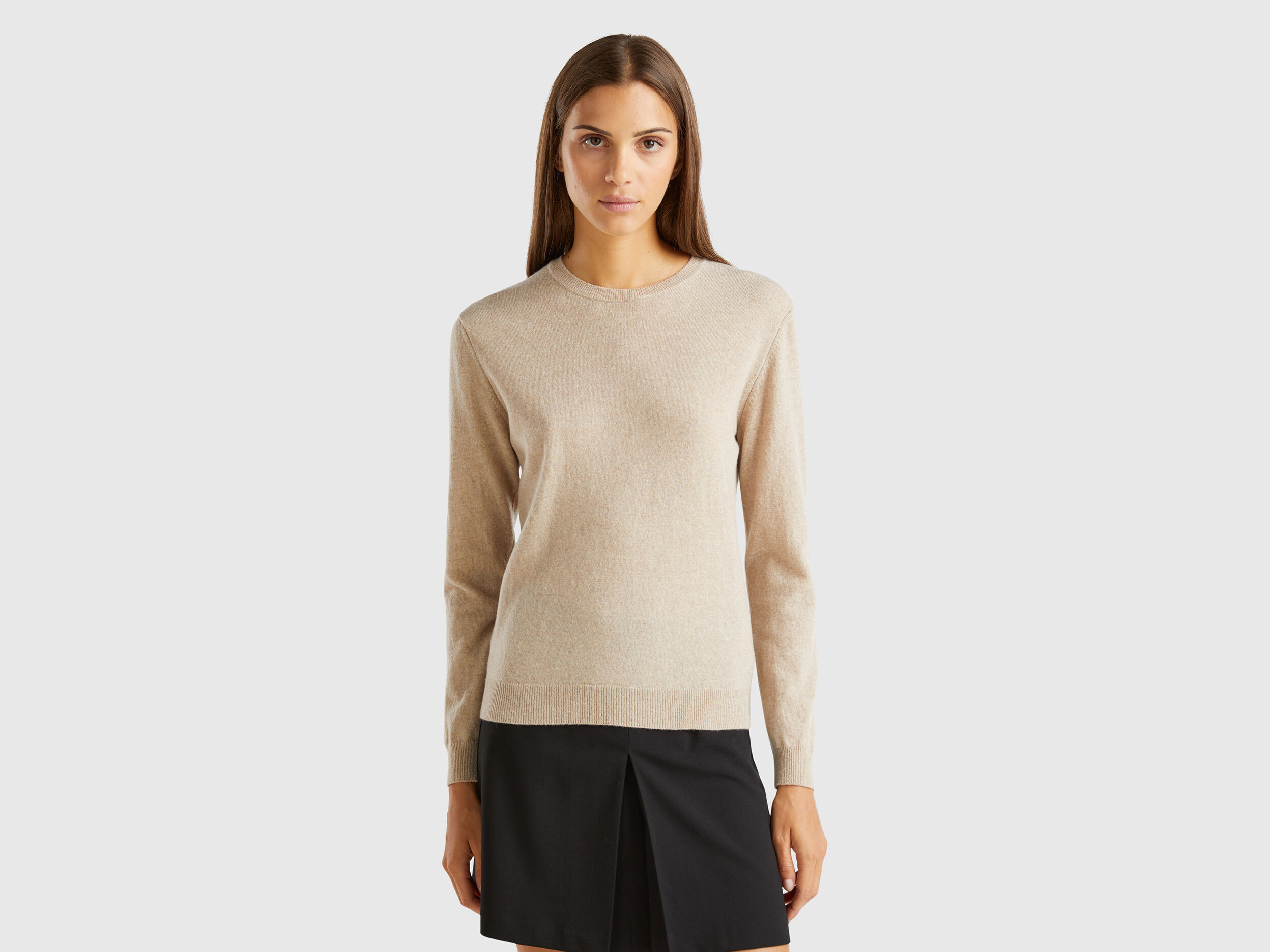 Beige crew neck sweater in pure Merino wool