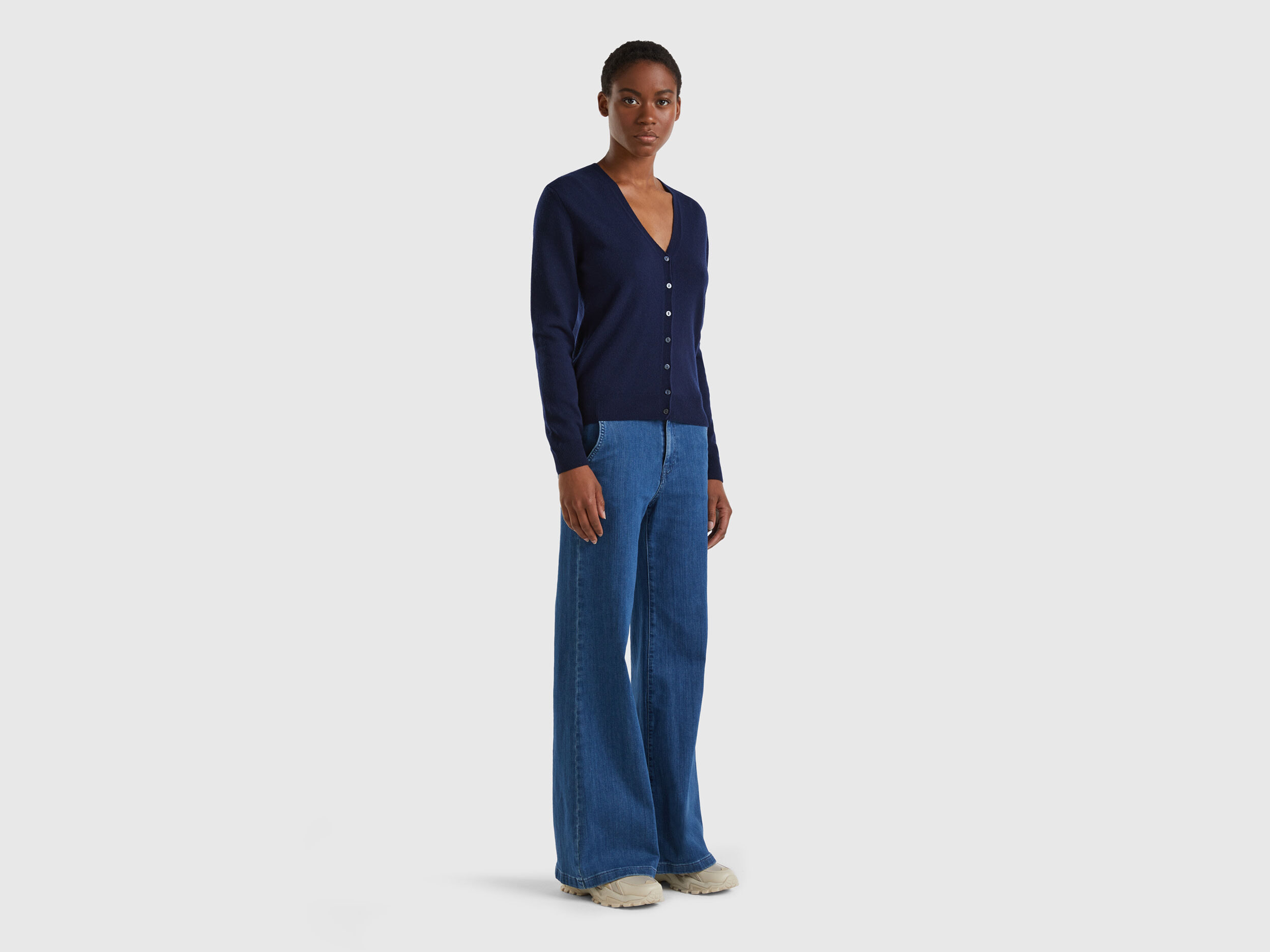 Dark blue V neck cardigan in pure Merino wool Dark Blue Benetton