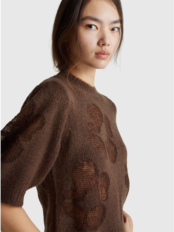 Short sleeve sweater with floral inlay Women