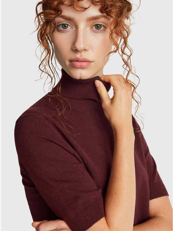 Burnt brown short sleeve turtleneck in cashmere blend Women