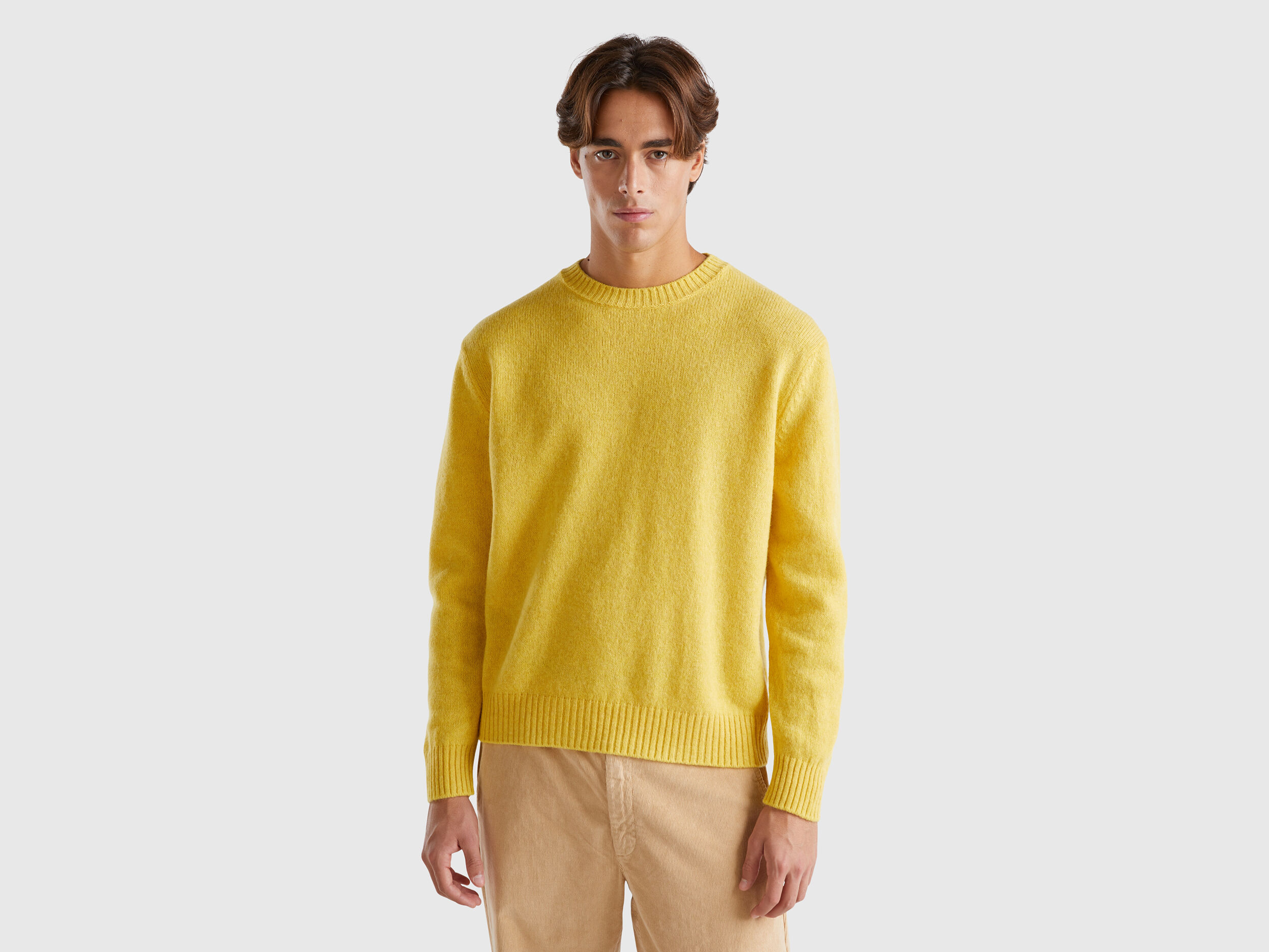 Relaxed fit pure Shetland wool sweater Mustard Benetton