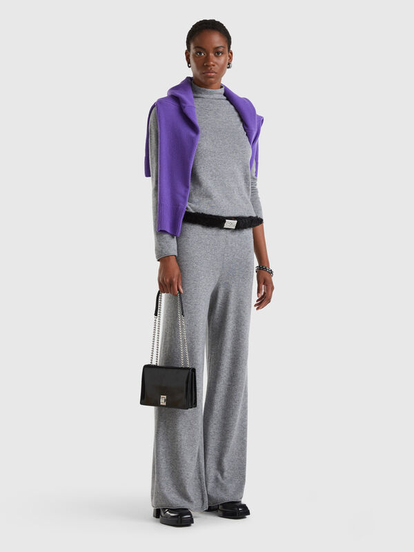 Light gray wide leg trousers in cashmere and wool blend Women