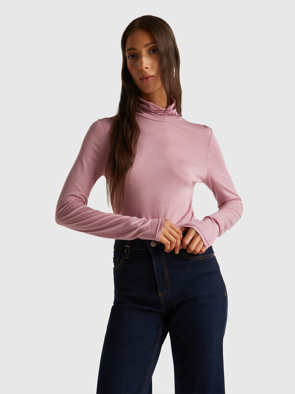 Turtleneck t-shirt in viscose and cashmere blend Women