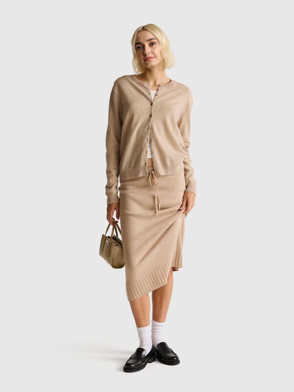 Beige crew neck cardigan in pure Merino wool Women