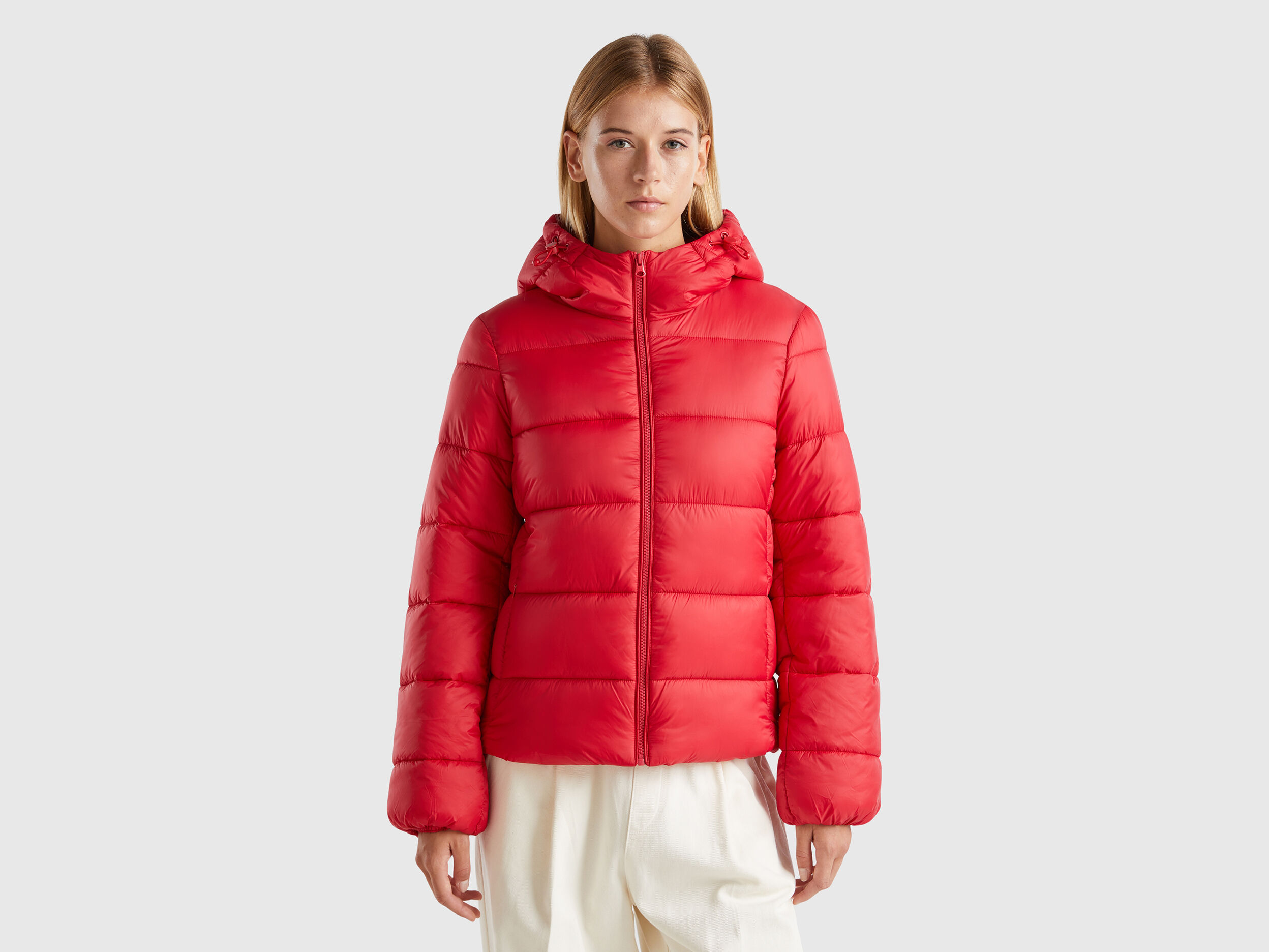 Womens red puffer jacket with hood top