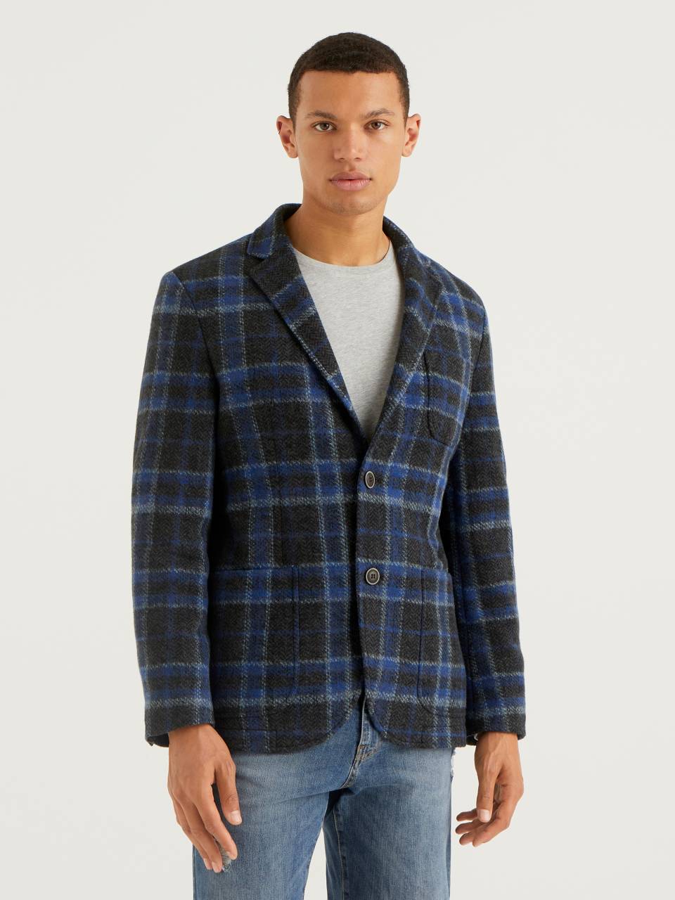Benetton Check slim fit blazer in wool blend - 23AH529W8_903